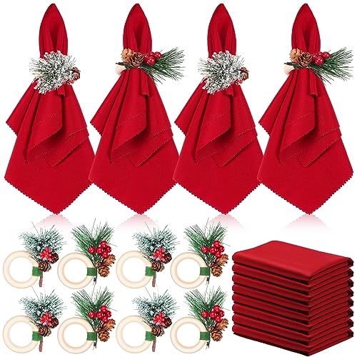 EBOOT Red Christmas Cloth Napkin & Ring Set with Pine Cone & Red Fruit Variation