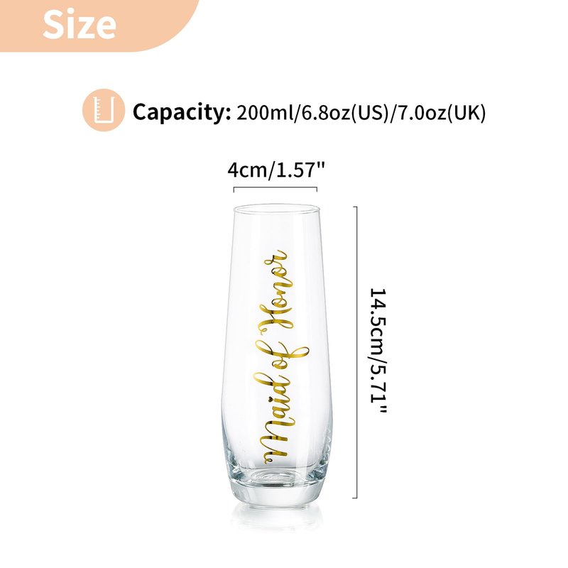 NUPTIO Champagne Glasses Maid of Honor: Stemless Bridal Shower Party Prosecco Flutes Tumbler Wedding Gift Clear Gold Embossed