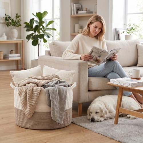 Large Cotton Rope Blanket Basket - 65L Collapsible Laundry Hamper & Storage Bin