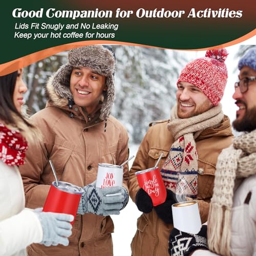 Uiifan Red White 10 Pack Christmas Tumblers 12oz Insulated Travel Cups with Straw & Lid