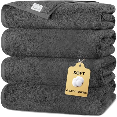 4-Pack Cotton Bath Towels with Hanging Loop, Gray 55x27 Inch Set