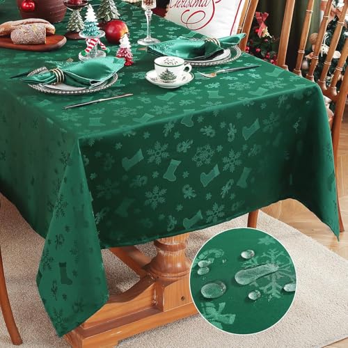 Honellaty Christmas Green Rectangular Tablecloth 120x60in Spillproof Wrinkle-Resistant Holiday Decor