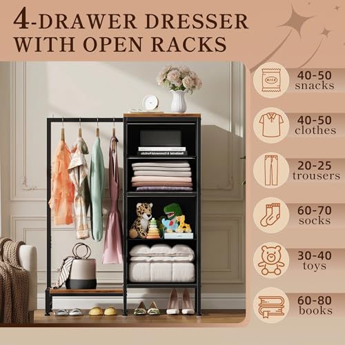 Rustic Brown 44'' Tall Dresser with Hanging Clothes Rack & 4 Drawers - Reversible, Sturdy Storage Tower