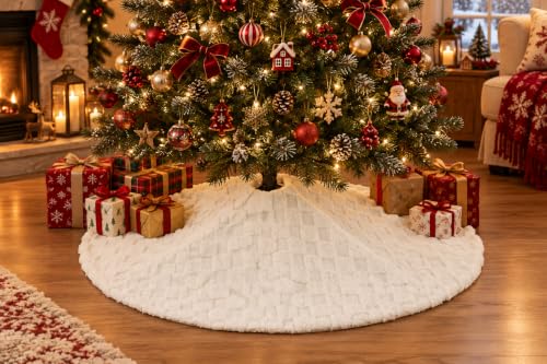 Fanqisi Beige 48 Inch Christmas Tree Skirt Faux Fur Plaid Plush