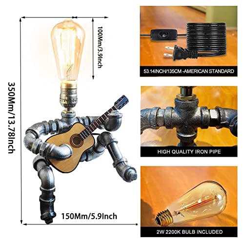 Silver-Gray Steampunk Guitar Pipe Robot Table Lamp with Wooden Guitar & Edison Bulb – Adjustable Industrial Water Pipe Desk Lamp – Music Lovers Gift
