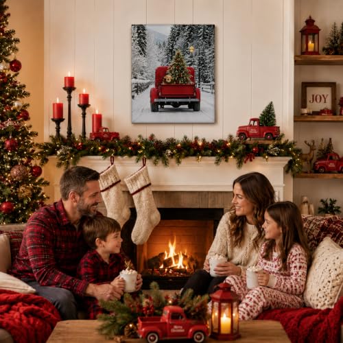 Variation 1: Lighted Red Vintage Pickup Truck Canvas Wall Art with LED Lights 15.75 x 11.75