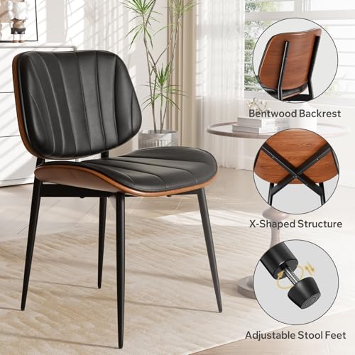 Black Set of 2 Mid Century Modern Dining Chairs - Upholstered Faux Leather & Walnut Bentwood Back, Metal Legs