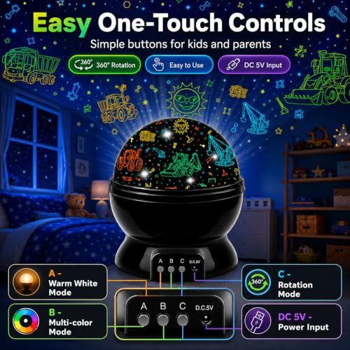 Kids Vehicle & Star Night Light Projector, 360 Rotating LED Bedroom Lamp