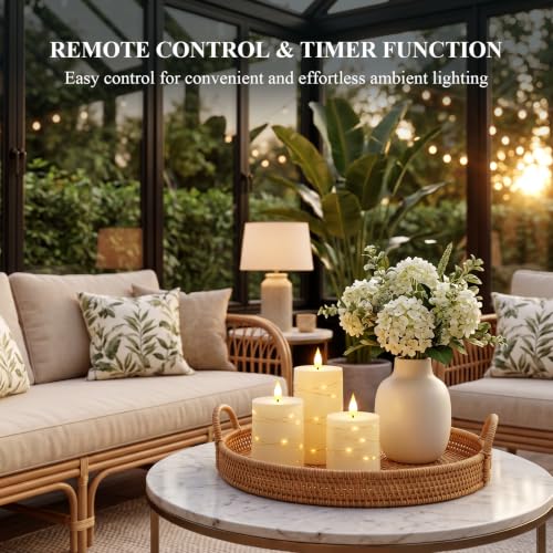 Homemory Ivory Flameless Candles with 3D Wicks & String Lights (Set of 3) Remote, Timer, 2.9/3.5/4.5in