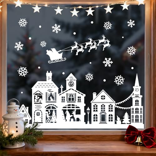 Mfault Christmas White House Window Clings - Santa Claus & Reindeer, 4 Sheets Holiday Decor