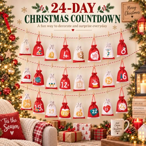 Christmas Advent Calendar Gift Bags Set - 24 Reusable Burlap Countdown Bags with Clips & Rope