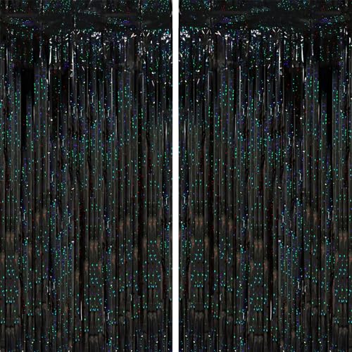 Black Foil Fringe Backdrop Curtains - 2 Pack Tinsel Streamers for Parties