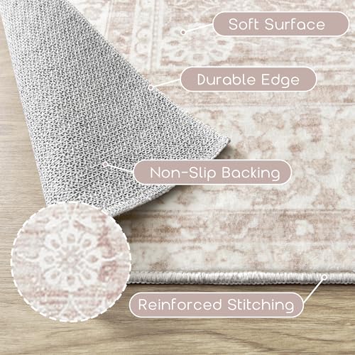 Vintage Floral Pink Nursery Rug - 5x7 Washable Boho Distressed Area Rug