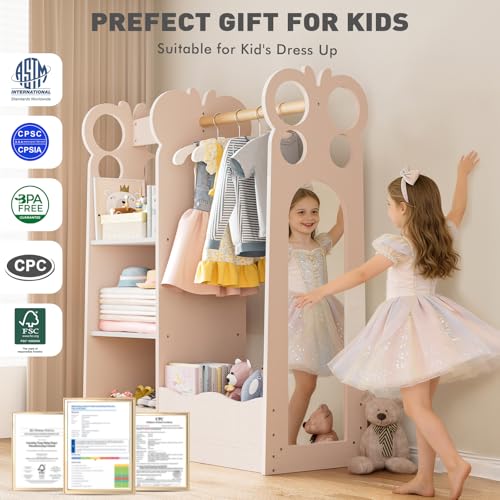 Kids Dress-Up Wardrobe with Mirror & Storage Bins, Toddler Costume Closet