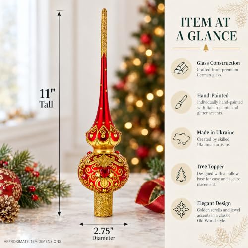 Golden Scrolls on Red Glass Christmas Tree Topper 11 Inches – Hand-Painted Ukrainian Craft