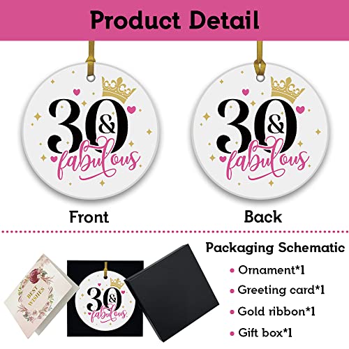 REWIDPARTY 3-Inch Round Ceramic Ornament - Fabulous 30th Birthday Gold Ribbon Gift Box (Gold & White)