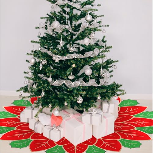Jenaai 35-Inch Christmas Tree Skirt with Poinsettia Embroidery - Red & Green