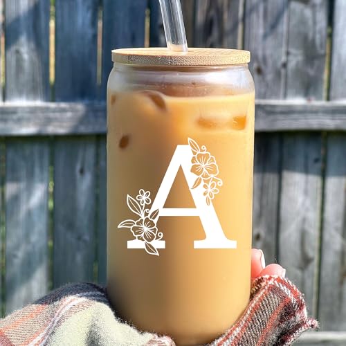 Personalized Monogrammed Iced Coffee Glass with Bamboo Lid and Straws