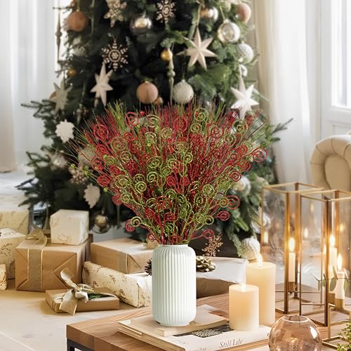 52Pcs Christmas Tree Decorations Red Green Artificial Glitter Picks Sprays Berry Stems Curly Ornaments Xmas Winter Holiday Vase Filler Tree Topper Home Table Decor