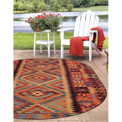 Unique Loom Outdoor Tribal Collection Area Rug - Tortuguero (2' 2" x 3' 1" Oval Multi/Blue)