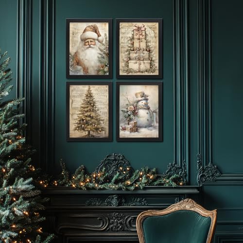 JXREQ 12x16 Vintage Christmas Wall Art Prints, Set of 4 – Santa, Trees & Snowman, Unframed