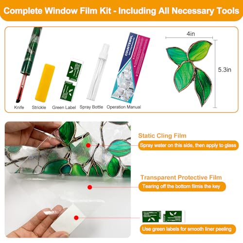 Decorative Rainbow Window Privacy Film - Green Leaf Design, 17.5 x 78.7 in