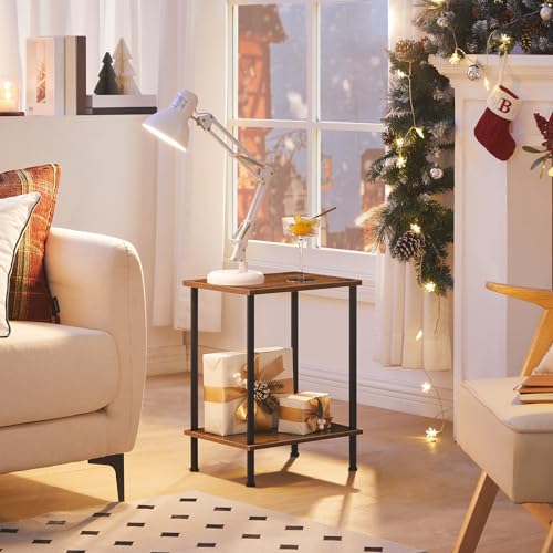 Small Side Table with 2-Tier Storage Shelves, Rustic Brown Nightstand