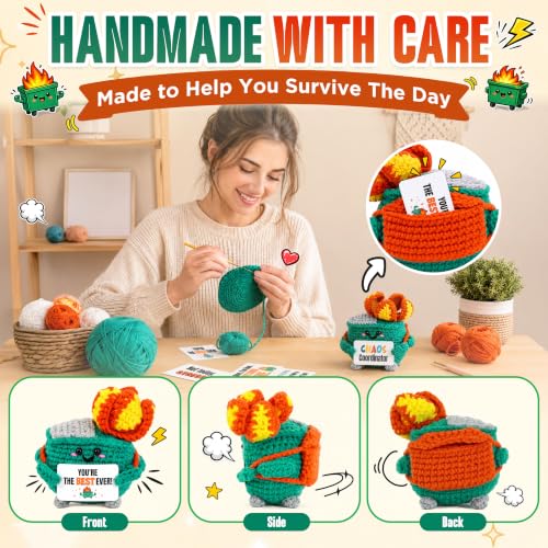 Handmade Crochet Dumpster Fire Desk Decor with 16 Funny Affirmation Cards