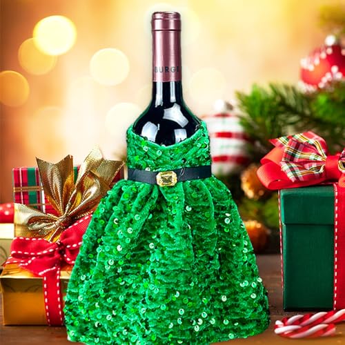 Green Sequin Christmas Wine Bottle Cover - Festive Holiday Table Decoration