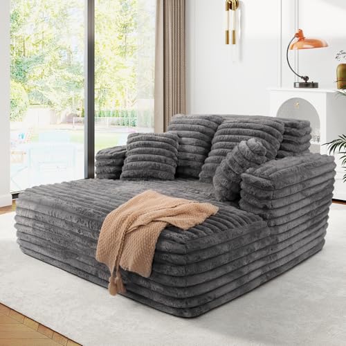56-Inch Oversized Faux Fur Chaise Lounge Chair with Pillows, Grey