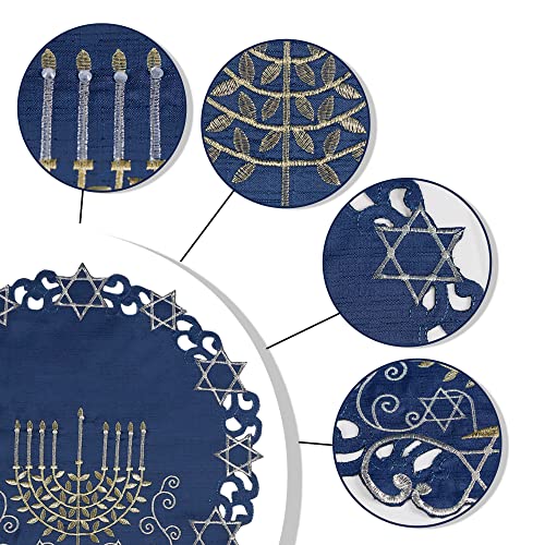 OWENIE Blue Round Hanukkah Placemats Set of 4, 15" Embroidered Menorah Holiday Table Decor