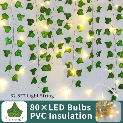 Artificial Ivy Vines with LED String Lights - 12 Pack 84ft Hanging Decor
