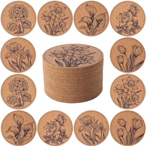 Staruby Flower Cork Coasters Set of 12 - Absorbent Non-Slip Drink Coasters, 4 Inch Decorative Table Protectors - Variation: Flower 01