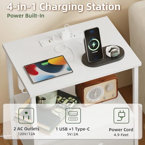 LED Nightstand with Charging Station & 2 Drawers - White Bedside Table