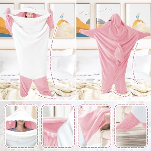 Shark Wearable Blanket Hoodie - Soft Flannel Pink Shark Onesie for Adults