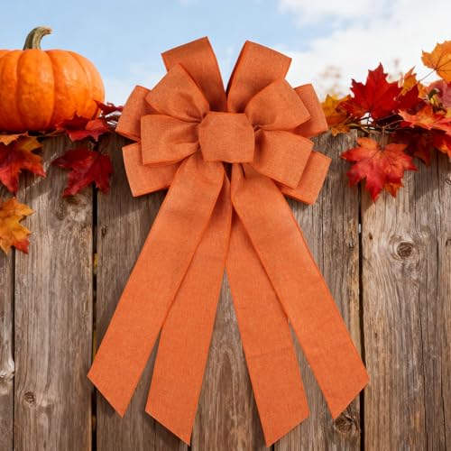 Orange Large Bow for Wreath & Tree Topper - 11x21 Inch Wired Faux Linen