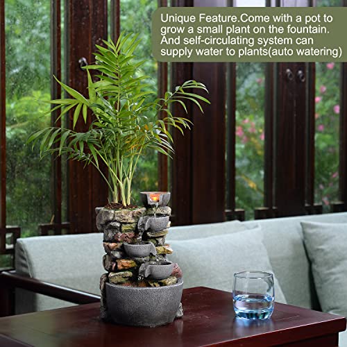 Indoor Tabletop Fountain with LED Light & Planter Pot - Rockery Waterfall
