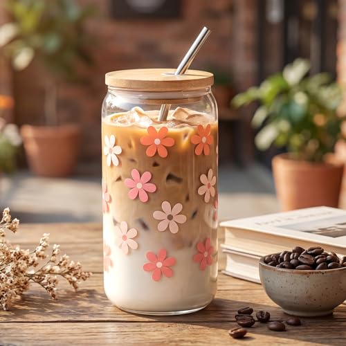 Daisy Flower Glass Cup with Bamboo Lid and Straw - 16 oz Iced Coffee Mug