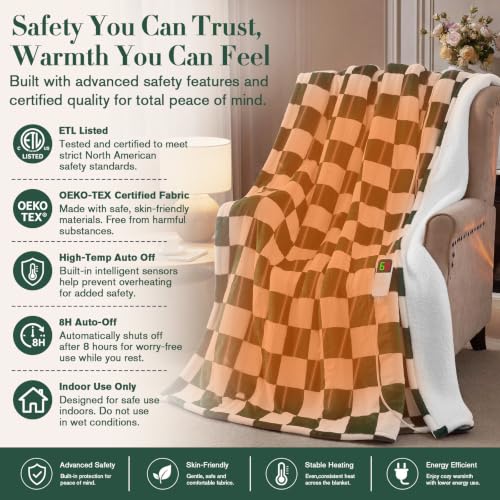 Rayvoice Heated Blanket Throw 50x60 in Dark Green | Electric Throw Blanket