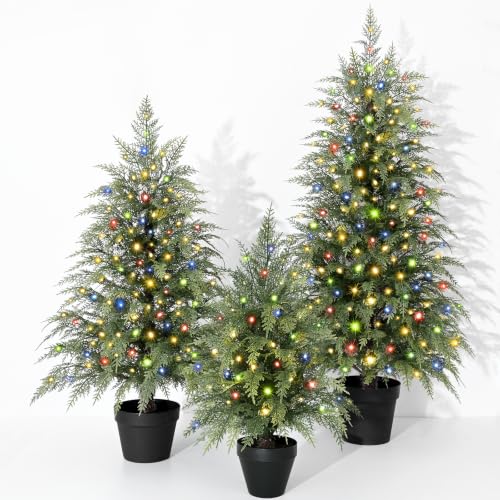 Waipfaru 3-5 ft Pre-Lit Cedar Christmas Tree Set of 3 - Realistic Mini Artificial Trees with 9 Light Modes