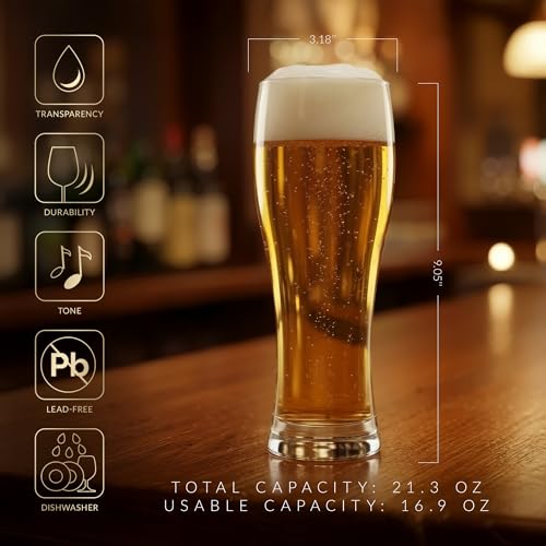 Set of 6 Tall Beer Glasses, 16.9 oz Crystal Clear Pint Glassware