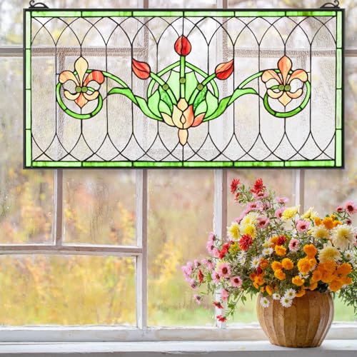 32"x16" Handcrafted Stained Glass Transom Window Panel - Floral Design