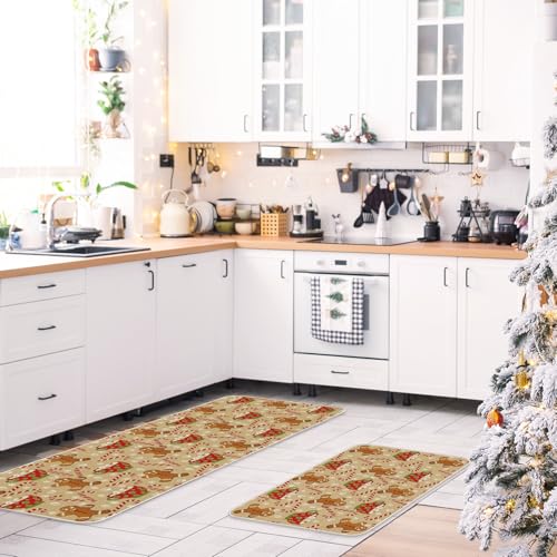 Brown 2-Piece Christmas Kitchen Floor Mats - Gingerbread & Candy Cane, Non-Slip Doormats