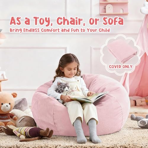 200L Corduroy Bean Bag Chair Cover for Stuffed Animal Storage, Pink