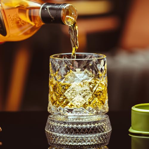 Ginireto Pattern A Spinning Whiskey Glasses Set of 2, 9.5oz Lead-Free with Ice Molds & Gift Box