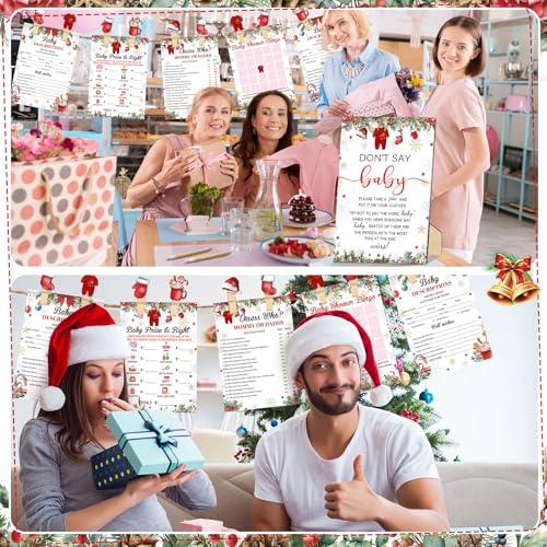 Patelai Christmas Santa Baby Shower Game Supplies Set with Sign, Cards, Clothespins & Pencils - Holiday Party Decorations