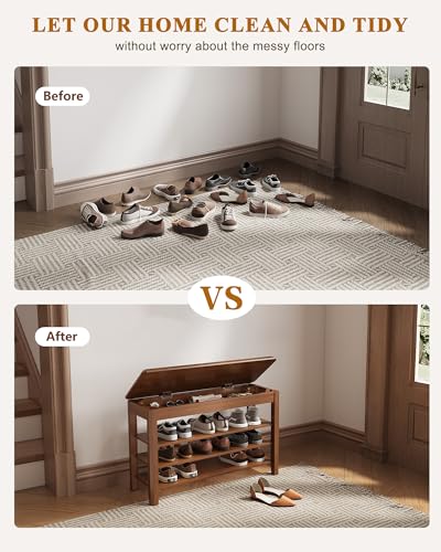 3-Tier Rubberwood Shoe Storage Bench with Flip-Top Hidden Compartment