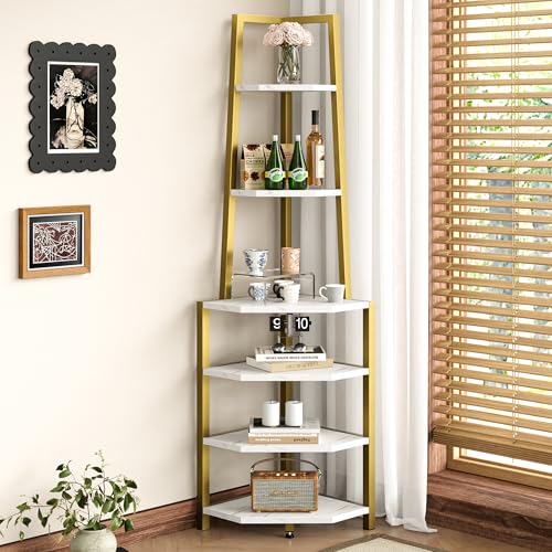 6-Tier Industrial Corner Shelf, 69-Inch Tall Metal Bookshelf & Plant Stand