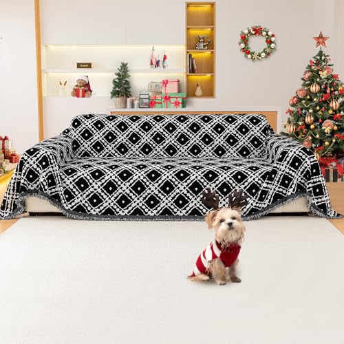 Reversible Christmas Couch Cover Blanket - Chenille Sofa Protector, 71x102 Inches, Black
