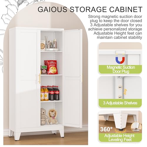 White Metal Kitchen Pantry Cabinet with 2 Doors & Adjustable Shelves